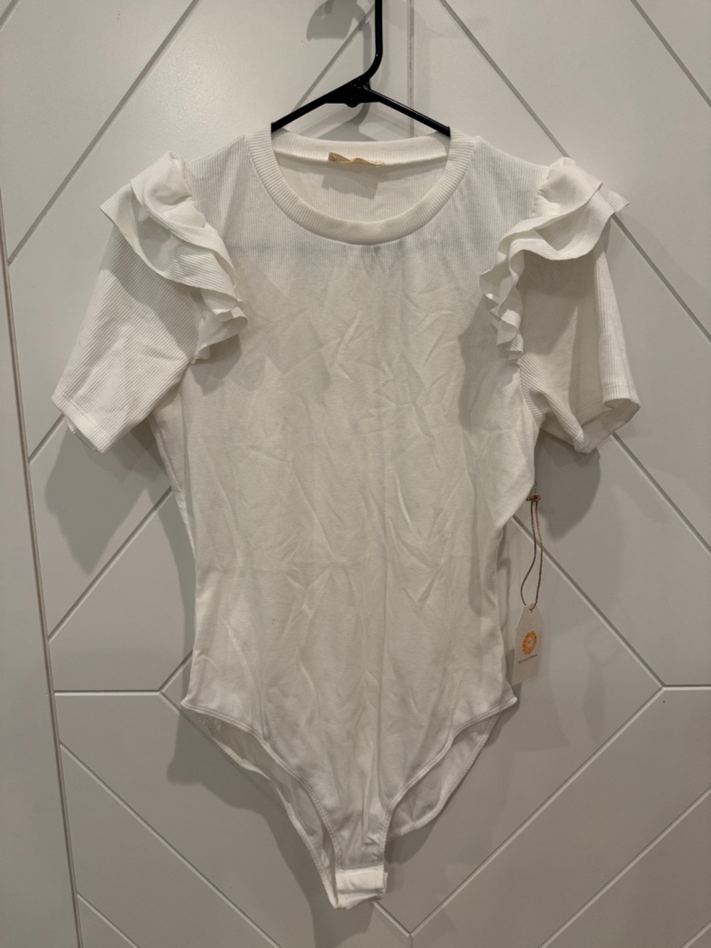 White Ruffle Shoulder Bodysuit - Women's